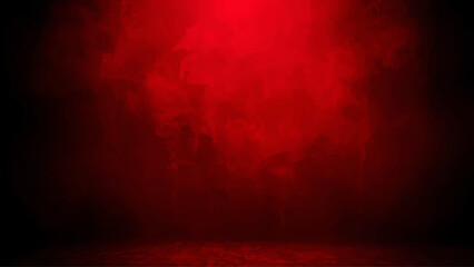 A dramatic, dark red spotlight illuminates an empty studio space.