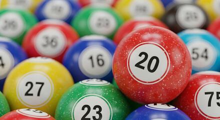 A vibrant and colorful assortment of numbered bingo balls in a pile