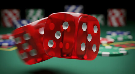 A close-up view of red dice on a green poker table with chips in the background