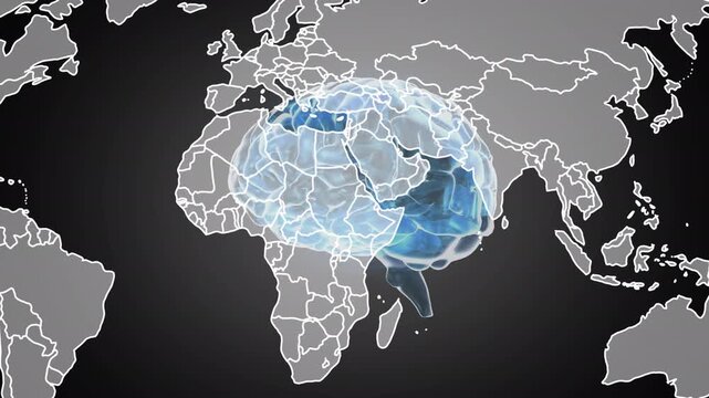 Animation of world map over rotating brain on black background