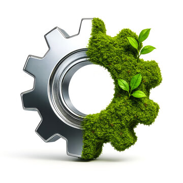 Half metallic and half mossy green gear showing industrial ecology on white background