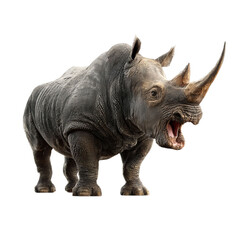 Fototapeta premium PNG of A powerful rhinoceros with an intense expression, showcasing its impressive horn.