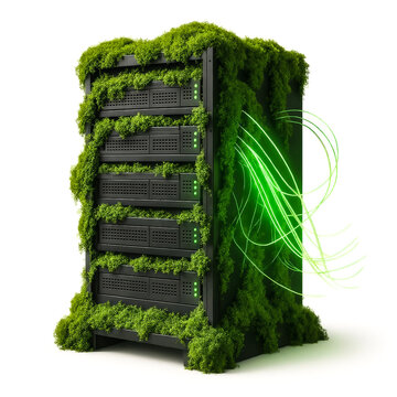 Green mossy eco server rack with glowing data flow energy on white background