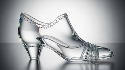 Delicate, transparent shoe made of glass, reflecting light, with ornate details, against gradient backdrop