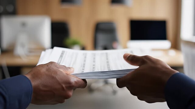 Video showing hands exchanging documents during a business transaction.