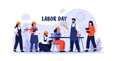 Cartoon celebrating Labor Day; diverse workers with hard hats, aprons, and digital devices