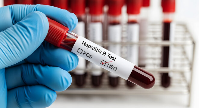 Blue gloved hand holds Hepatitis B test tube with negative result in lab image