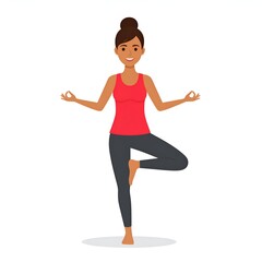 Woman in yoga pose, standing on one leg, arms outstretched, looking forward