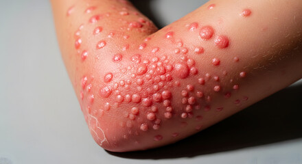 Fototapeta premium Close up of red raised bumps and blisters on elbow skin rash