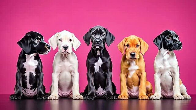 A group of five puppies sitting in a row on a pink background