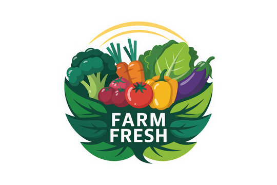 Farm fresh vegetables and fruits logo design with vibrant greens and organic produce circle badge