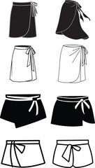 Various skirt types and styles illustrated in black and white, including wrap and shorts designs for fashion concepts
