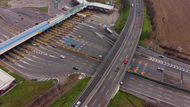 Highway toll plaza booth aerial traffic flow