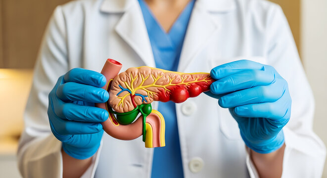 Doctor hands in blue gloves holding detailed human pancreas and duodenum model image