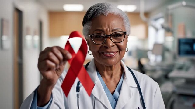 Senior African American doctor holding red awareness ribbon in clinic