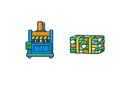 This illustration shows a blue industrial hydraulic press machine and a tied bale of colorful recycled waste materials, presented in a flat design style on a black backdrop.