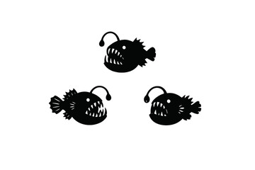 Three black anglerfish silhouettes with white outlines, sharp teeth, and glowing lures are arranged on a dark background. This minimalist graphic illustration depicts deep-sea marine life. © Andrei