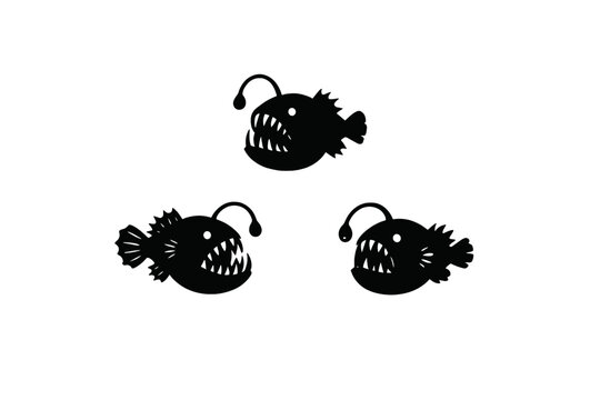Three black anglerfish silhouettes with white outlines, sharp teeth, and glowing lures are arranged on a dark background. This minimalist graphic illustration depicts deep-sea marine life.