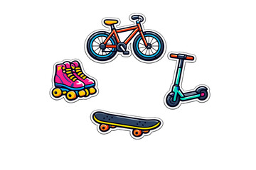 A collection of colorful cartoon stickers featuring a red bicycle, pink roller skates, a teal kick scooter, and a black skateboard arranged on a dark background. © Andrei