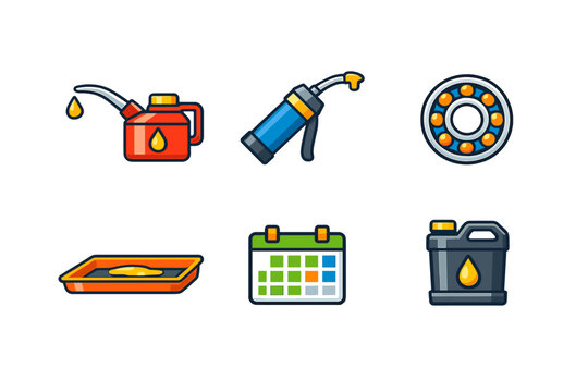 A set of six colorful flat icons on a black background representing automotive maintenance and lubrication, including an oil can, grease gun, ball bearing, drain pan, calendar, and oil jug.