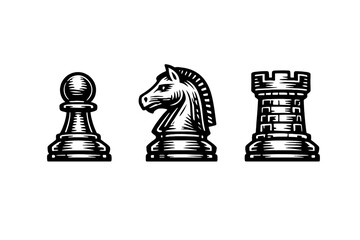 A black and white woodcut style illustration featuring three chess pieces, a pawn, a knight, and a rook, arranged horizontally against a solid black background. © Andrei