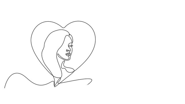 Continuous for one linear drawings of a female head with two hearts inside. Contour One Line illustration of good mental health, concept -emotional connection, love vector editing illustration