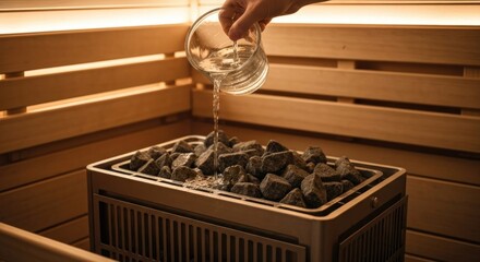 Water being poured over sauna stones