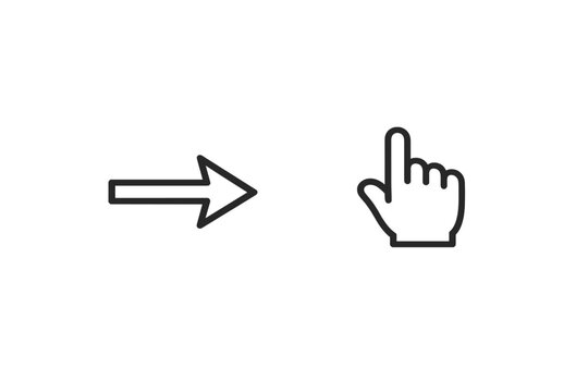 A black and white illustration featuring a simple outline of a right-pointing arrow next to a hand icon with the index finger extended, set against a dark textured background.