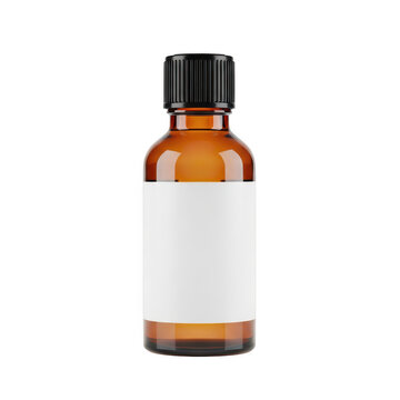 Amber glass bottle with blank label and black cap on white background. isolated on transparent background
