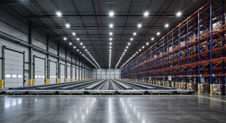 Wide shot of a modern warehouse interior with automated conveyor systems.  High ceilings, rows of metal shelving, and bright lighting.  Clean, industrial design