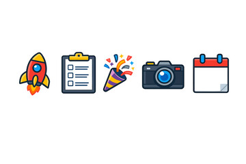 Naklejka premium A set of five colorful flat icons including a rocket ship, a checklist clipboard, a party popper with confetti, a digital camera, and a calendar, all isolated on a black background.