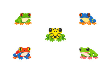 Obraz premium A collection of five colorful cartoon frogs in various vibrant shades including green, blue, red, and yellow, arranged on a solid black background in a playful vector illustration style.