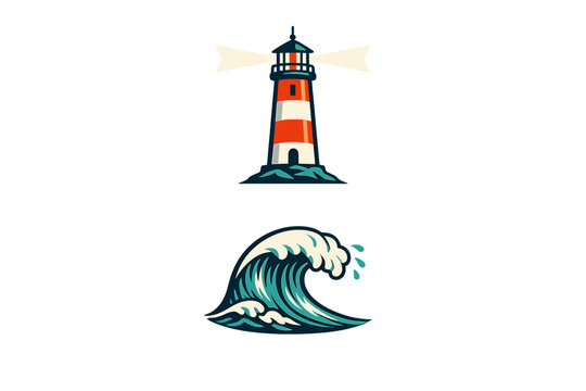 This graphic design showcases a red and white striped lighthouse emitting light beams above a large, curling ocean wave, all presented in a minimalist style on a black background.
