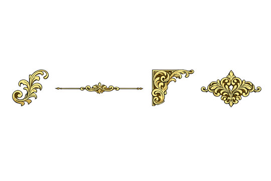 A collection of four golden baroque decorative elements featuring intricate scrollwork and floral motifs isolated on a solid black background for elegant design projects.