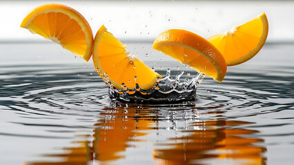 Fresh orange slices splashing into water, creating a crown splash and ripples, refreshing and vibrant