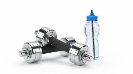 Obraz premium Fitness dumbbells and water bottle isolated on white background, studio lighting, healthy lifestyle, workout and hydration fitness concept.