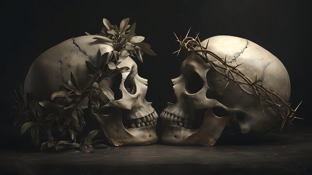 Two skulls facing each other with floral and thorny adornments in a dark setting