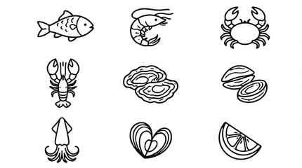 Seafood and Ocean Delicacies Line Icons fish shrimp