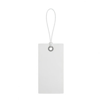 A blank white tag with a string attached to it, hanging against a plain white background. isolated on transparent background