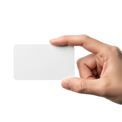 Obraz premium A hand holding a blank white card against a plain white background. isolated on transparent background