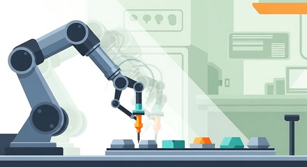 Robotic arm working on an assembly line in a modern factory setting, illustrating automation and manufacturing.