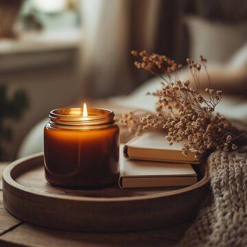 Burning candle and books on wooden tray with dried flowers