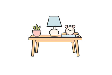 Fototapeta premium A minimalist flat vector illustration of a wooden table featuring a small green potted plant, a light blue table lamp, and a pink alarm clock resting on a book against a solid black background.