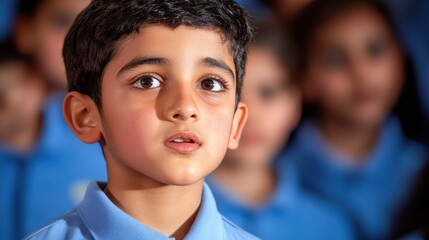 A young boy with focused expression in a school presentation