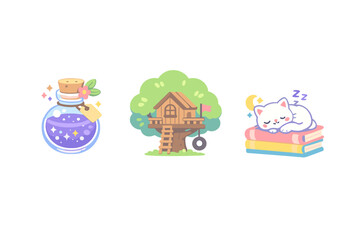 Fototapeta premium A collection of three cute illustrations featuring a magical purple potion bottle, a cozy wooden treehouse with a tire swing, and a white cat sleeping on a stack of colorful books.