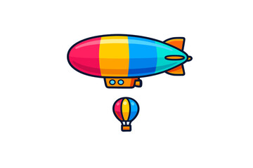 A colorful cartoon illustration of a large striped blimp flying above a small hot air balloon against a solid black background. The airship features vibrant pink, yellow, and blue panels. © Andrei