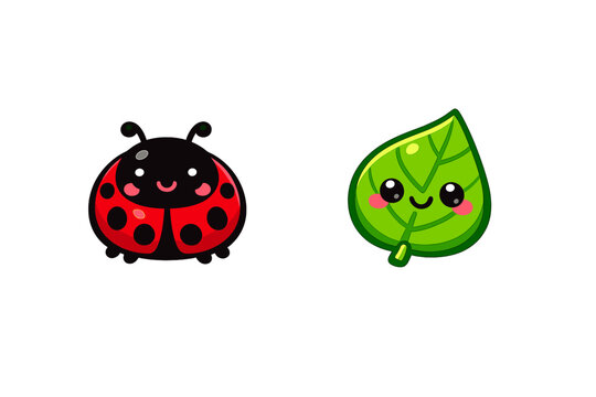 A cute cartoon ladybug with a smiling face and a green leaf with a smiling face are shown side by side on a black background. Both characters have large eyes and pink cheeks.