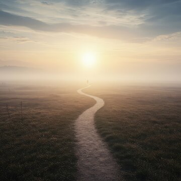 A complicated, winding journey shown as a narrow, twisting path leading toward a hazy, unknown destination on the distant horizon ,twist ,complexity ,long