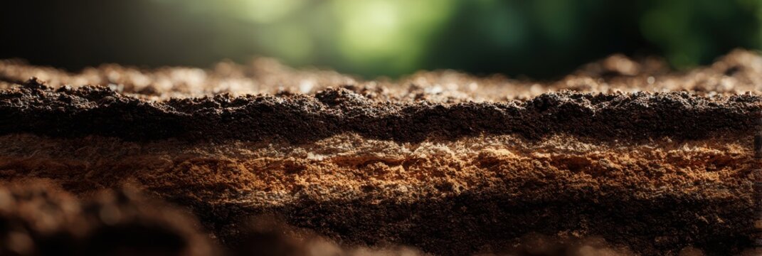 Soil cross section macro with fertile earth layers and bokeh sunlight background, agriculture and gardening concept