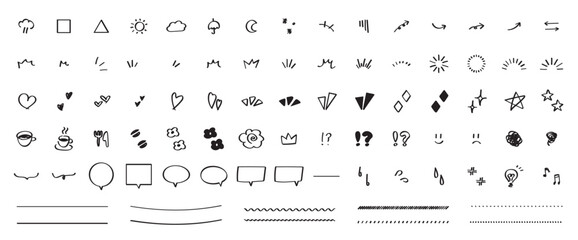 Naklejka na ściany i meble 手書きのあしらいイラストセット　矢印・吹き出し・キラキラ・ライン・アイコンの線画素材